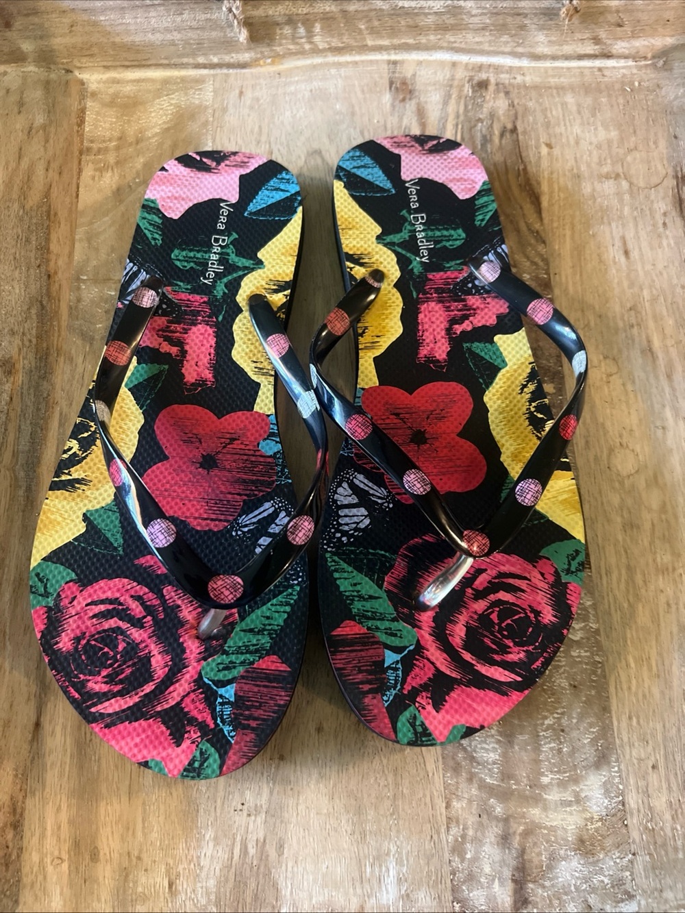 Vera Bradley Black Floral Print Flip Flops with Multicolor Roses